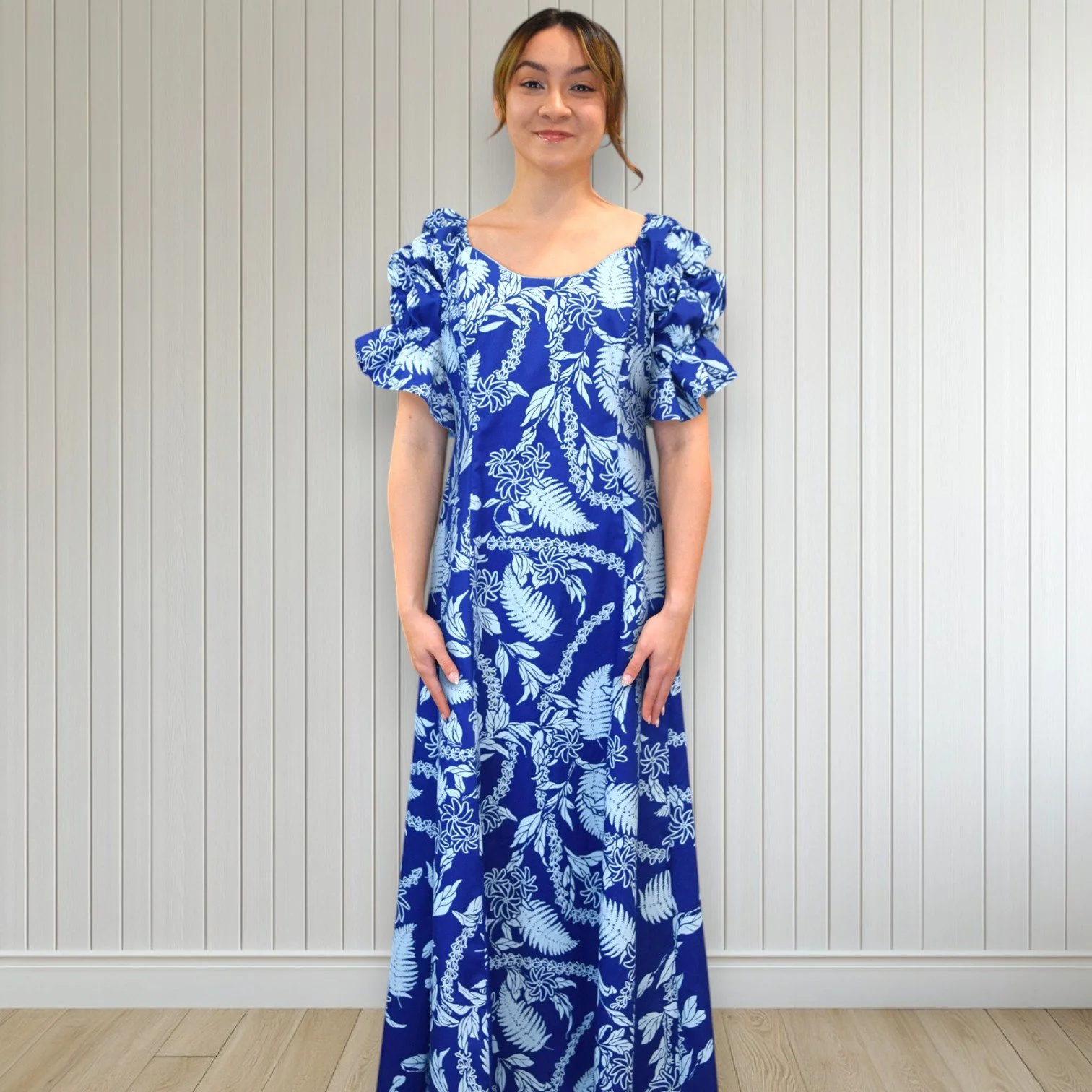 Purple Palaka Half Sleeve Muumuu with Elegant Lace Trim 8891